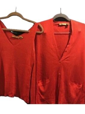 Donna Karan Deep Orange V-Neck Silk Sweater and Cardigan Set Sz M
